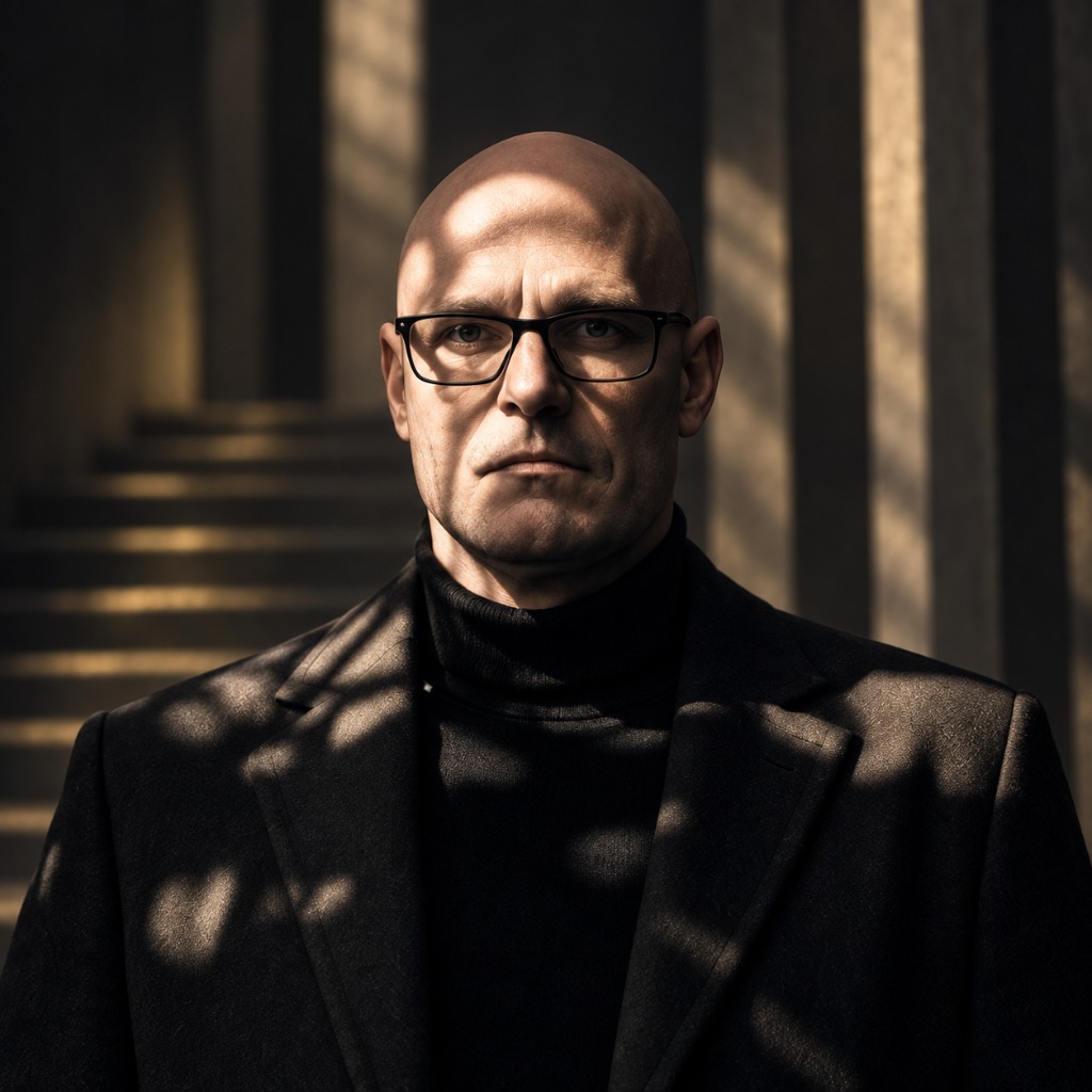 DYDAKTIC, standing still in a concrete stairwell, dressed in black, with hard light falling across him in bars.
