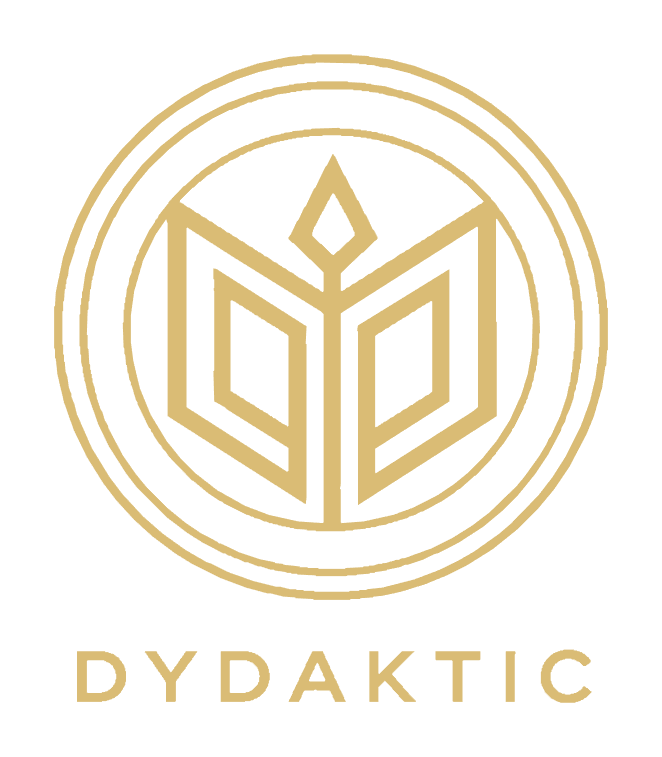 DYDAKTIC. An open book drawn as two facing panels with a flame rising between them, ringed twice.